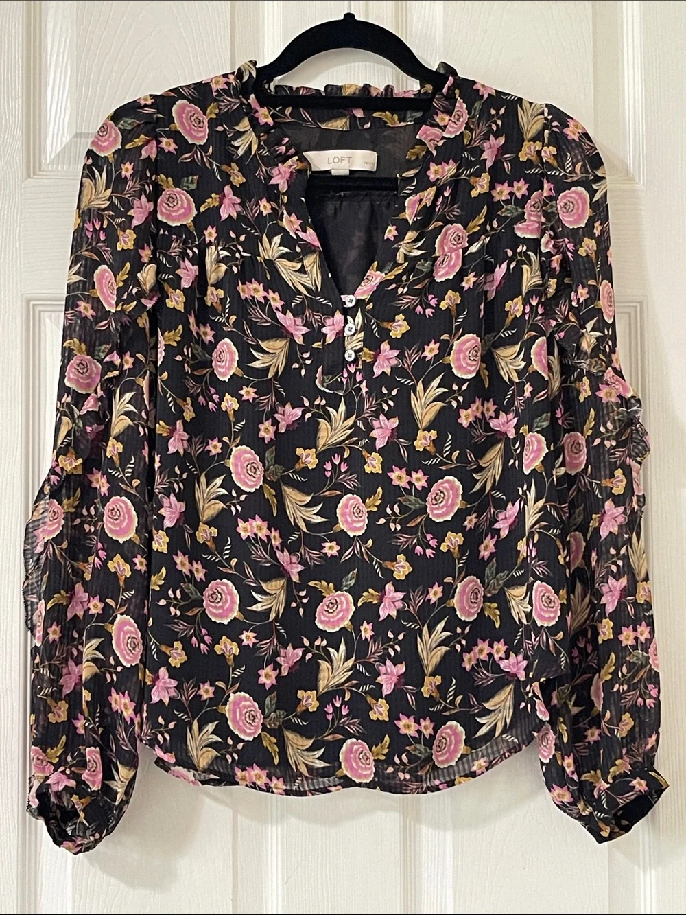 LOFT Black Blouse with Pink Rose Floral Print